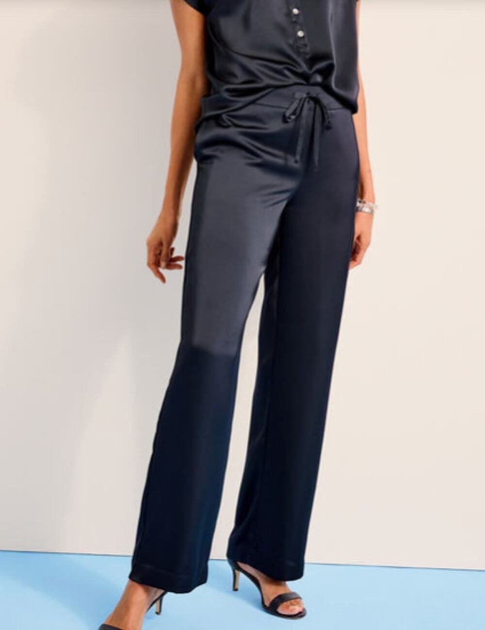 Talbots Satin Wide Leg Pants Indigo Blue Drawstring Size Large NWT